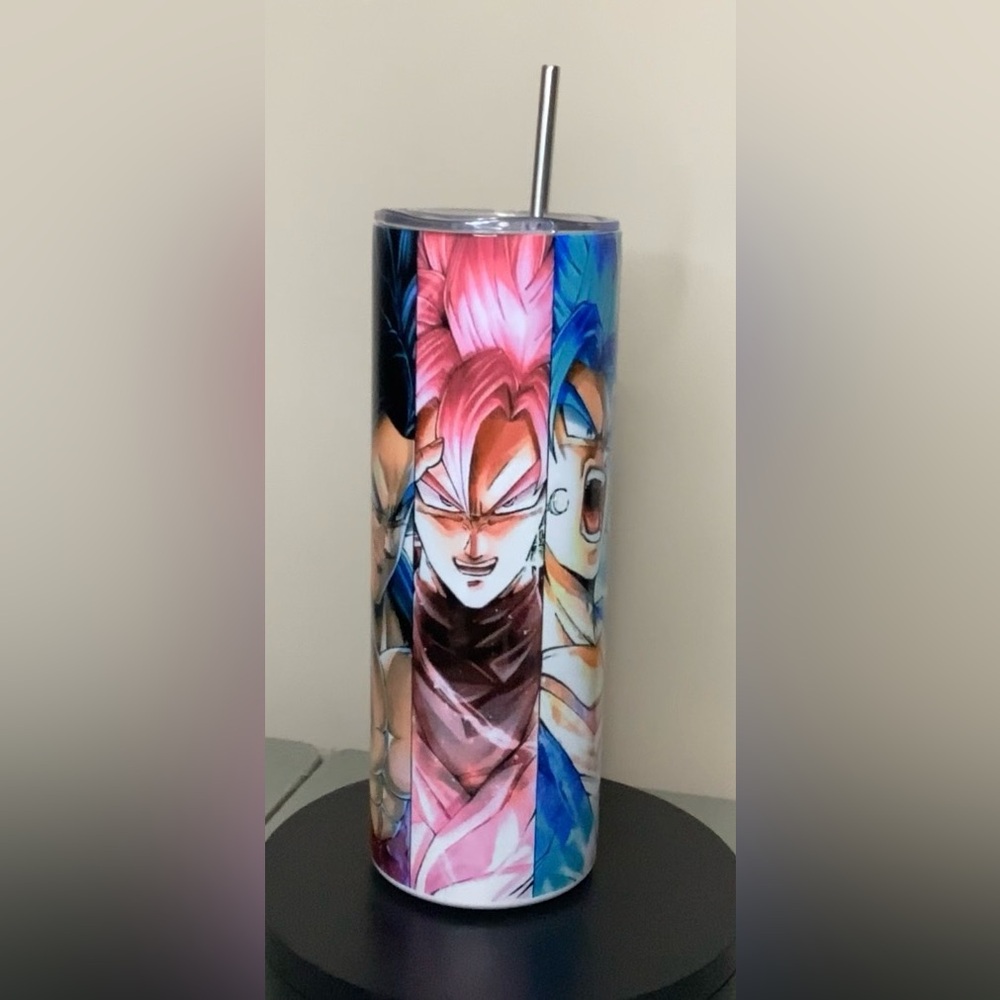 Dragón ball Vibrant Anime Character Art Tumbler - Pink, Blue, and Black